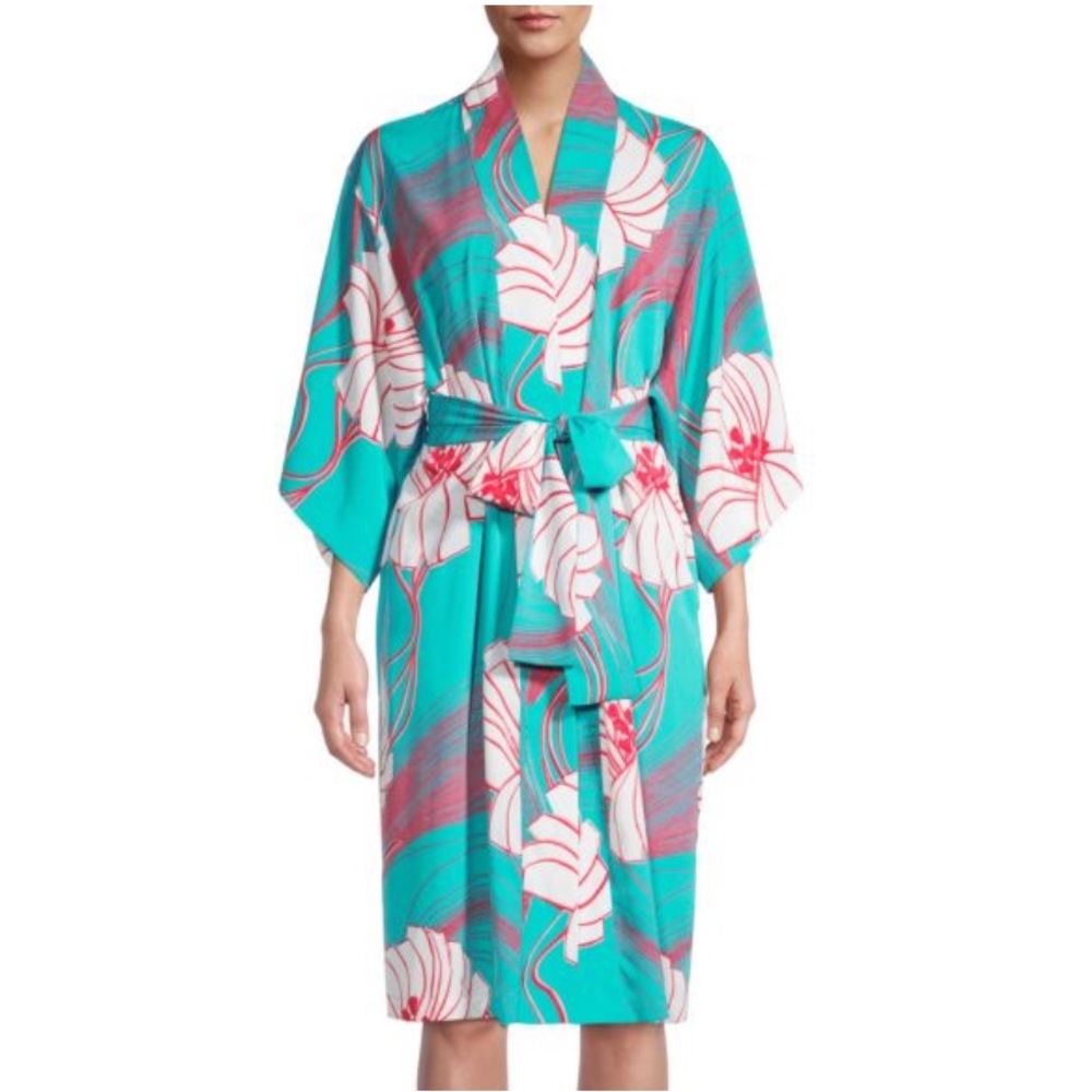Natori Women’s Graphic Floral Robe Teal Small EUC